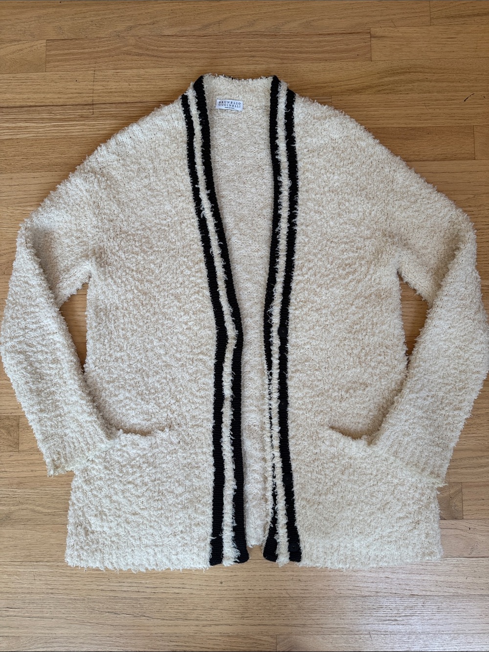 EUC: Brunello Cucinelli Cream Bouclé Cardigan, Black Trim, sz M (oversized fit)